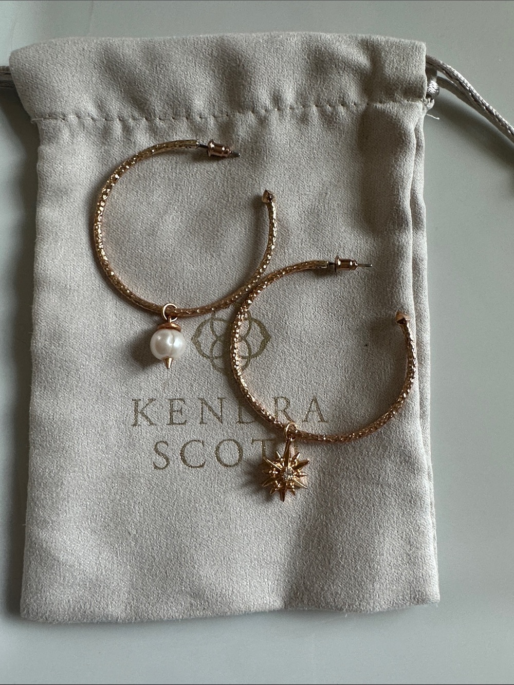 Kendra Scott Rose Gold Hoop Earrings with Pearl and Starburst Charms